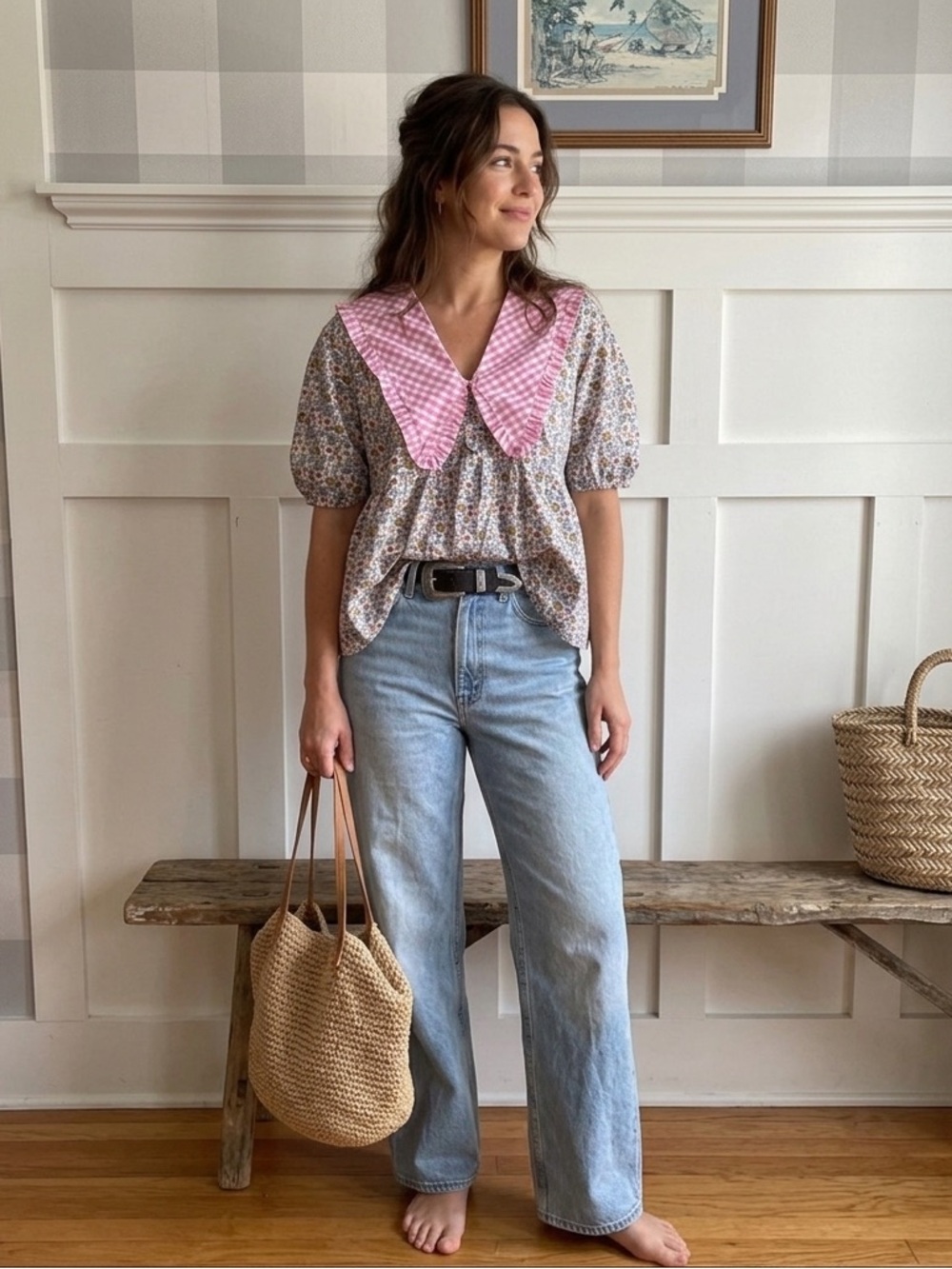 Cotton Romantic Core Floral Blouse with Pink Checkered Collar Size 8